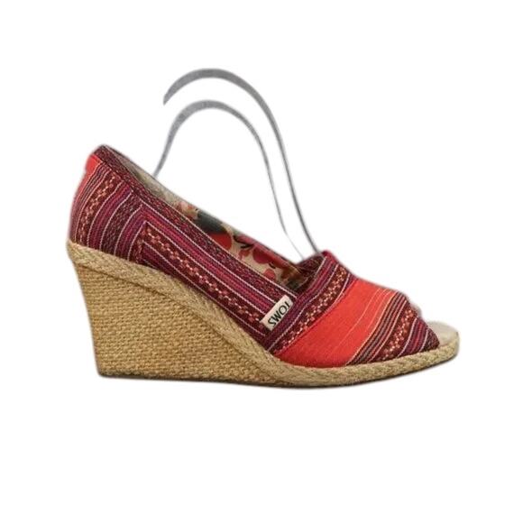Toms Shoes Womens 8 Wedge Sandal Casuall Fashion Calypso Espadrille Red Peep Toe - Picture 1 of 13